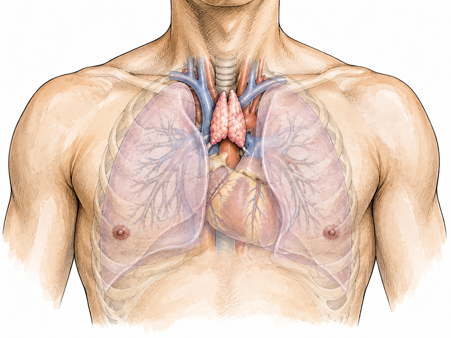 Medical illustration of upper torso with a small paired pink thymus behind the sternum above the heart, lungs lightly ghosted, no labels.