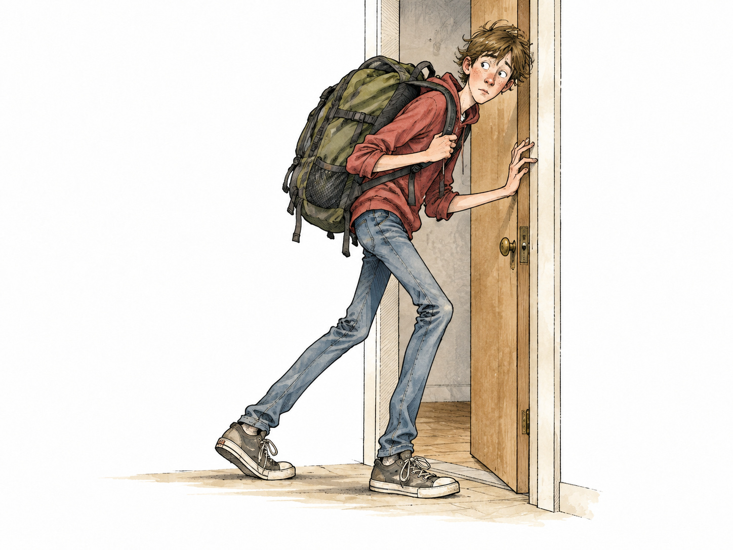 A tall lanky adolescent navigates a doorway awkwardly with a large backpack, natural proportions, no cruel caricature.