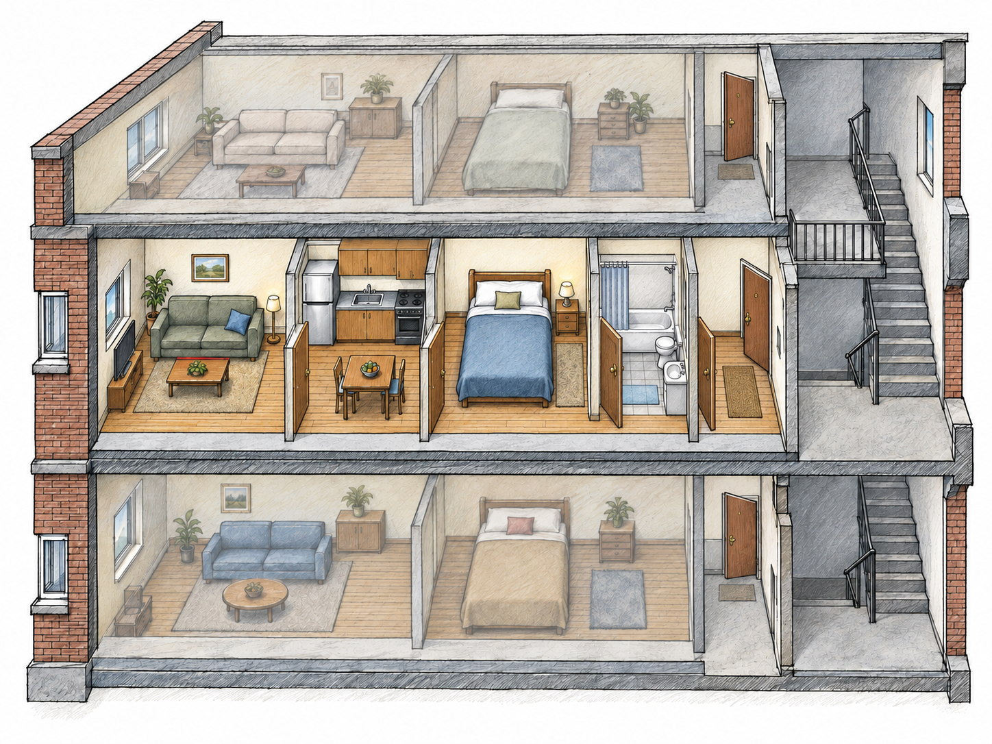 A simple cutaway of a small apartment building reveals one self-contained living unit, with its own kitchen, bathroom, bedroom and living area, reached from a shared corridor.