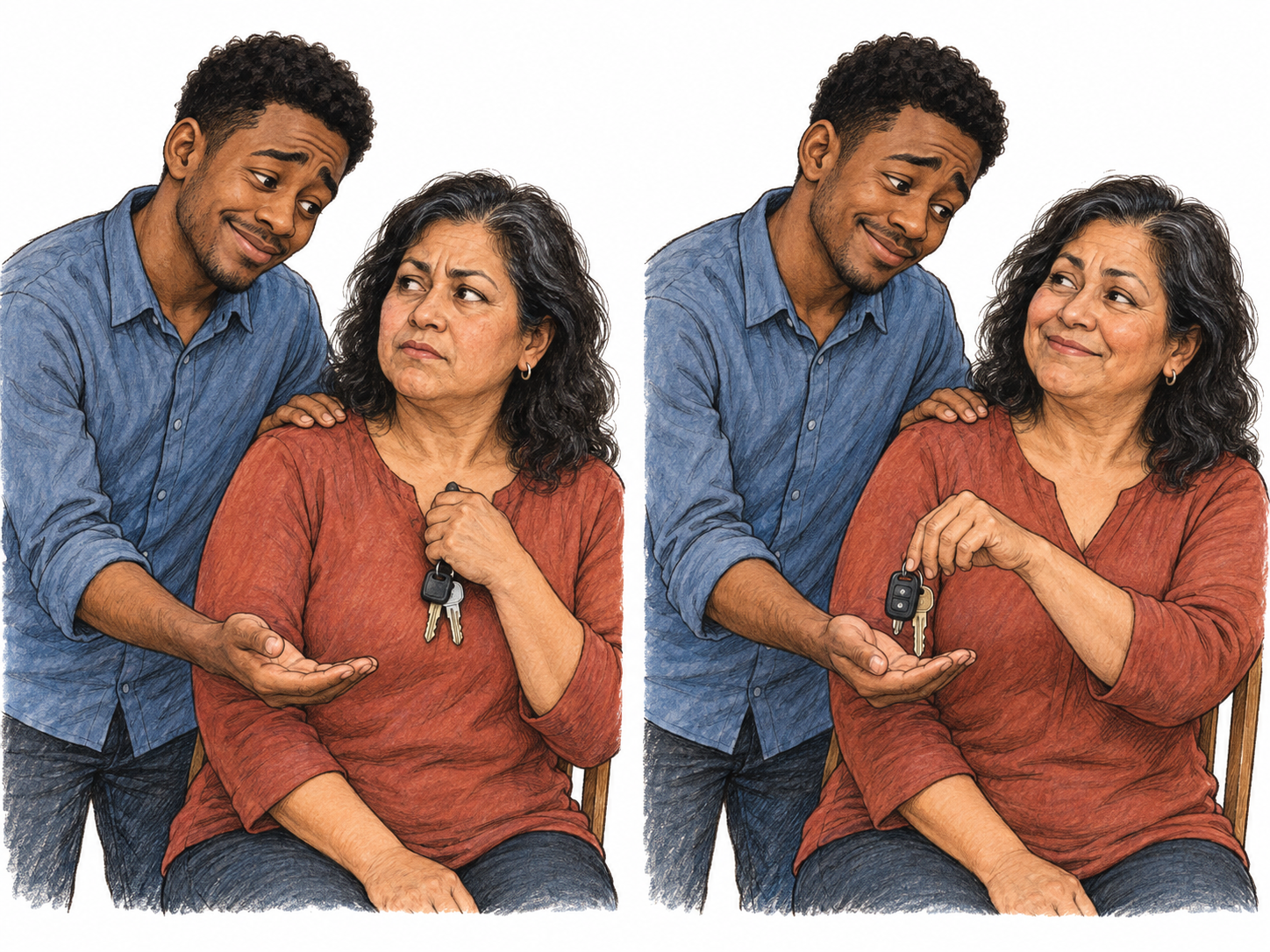 A compact two-moment sequence shows an adult son winning his reluctant mother over with ingratiating affection: he sweetly coaxes her while she withholds car keys, then she relents and places them in his waiting hand.