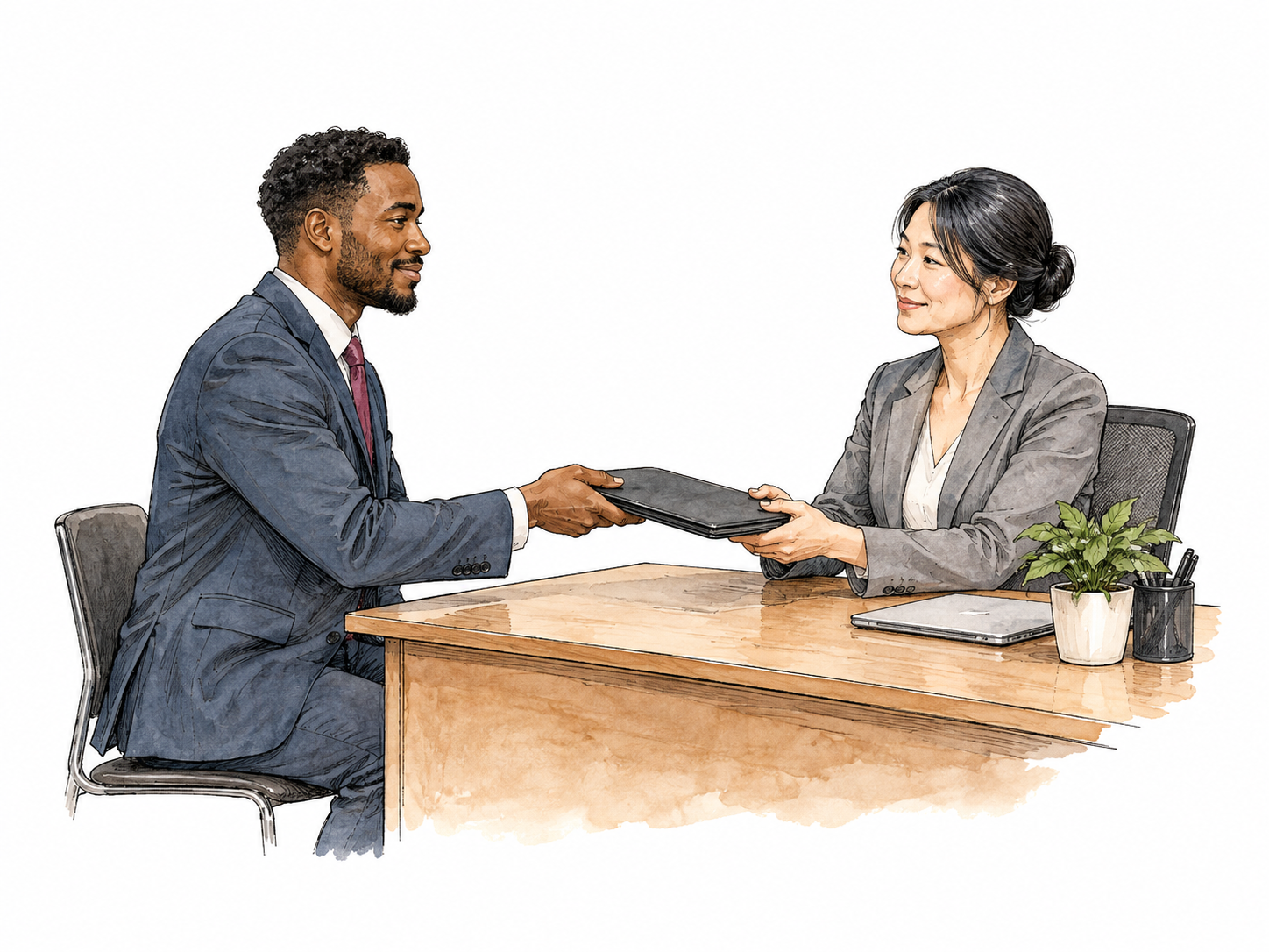 Job applicant hands plain portfolio across desk to interviewer, upright hopeful posture, no pagewriting.