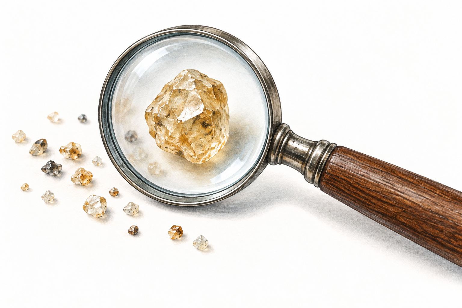 A magnifying glass reveals a single tiny sand grain among a few grains.