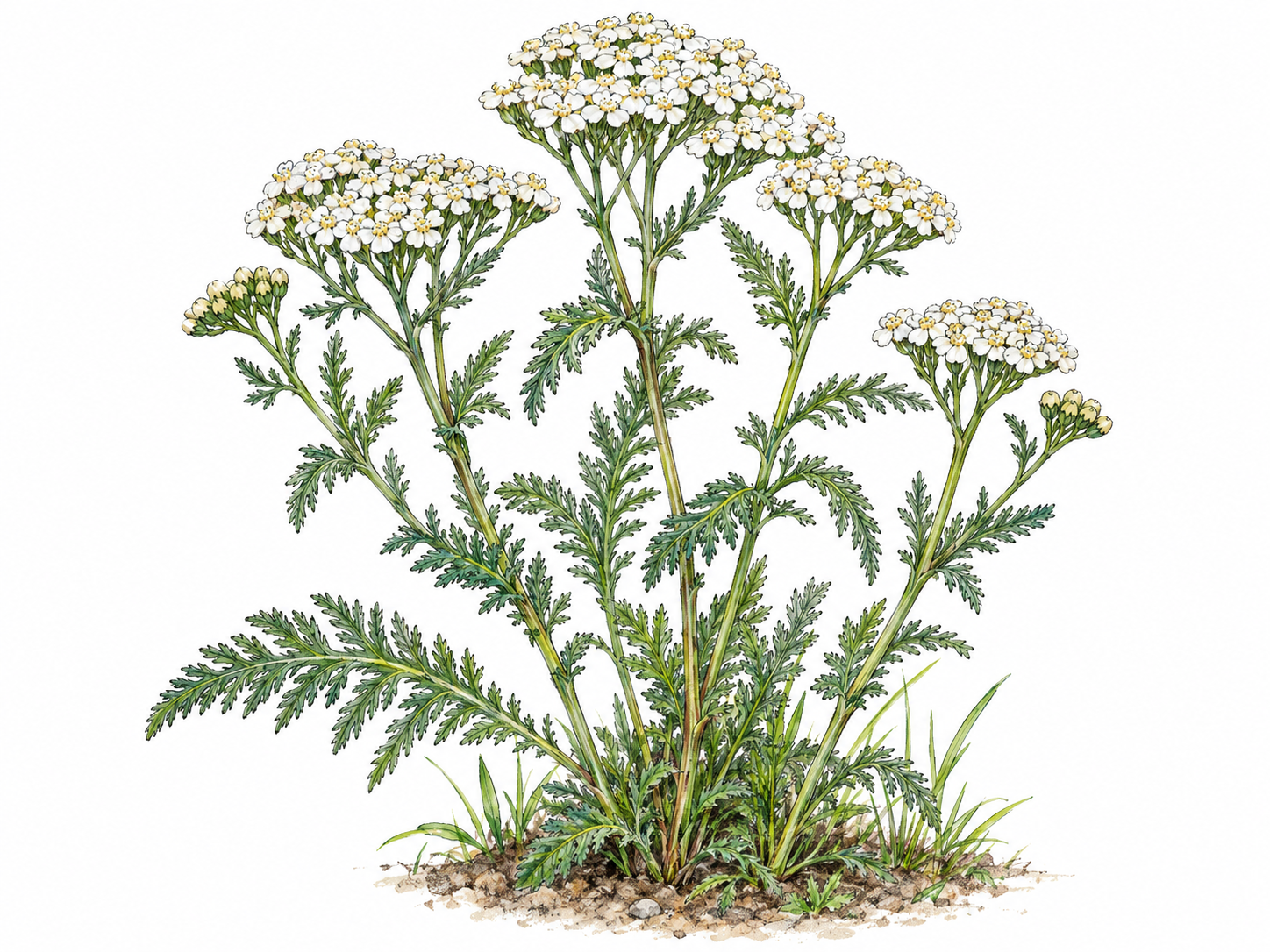 A close botanical view of wild yarrow, showing upright stems, flat-topped clusters of tiny white flowers, and finely divided, featherlike leaves, growing from a small patch of grass.