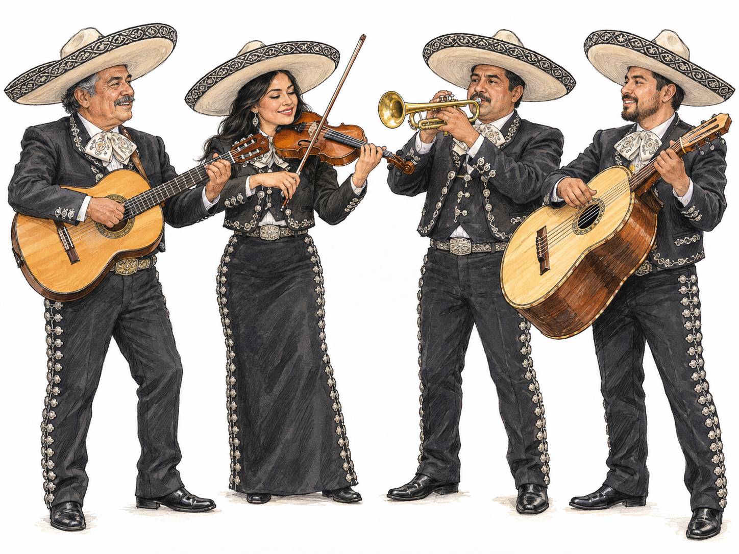 A Mexican mariachi quartet performing together, with two guitar-family instruments, a trumpet, and a violin clearly visible.