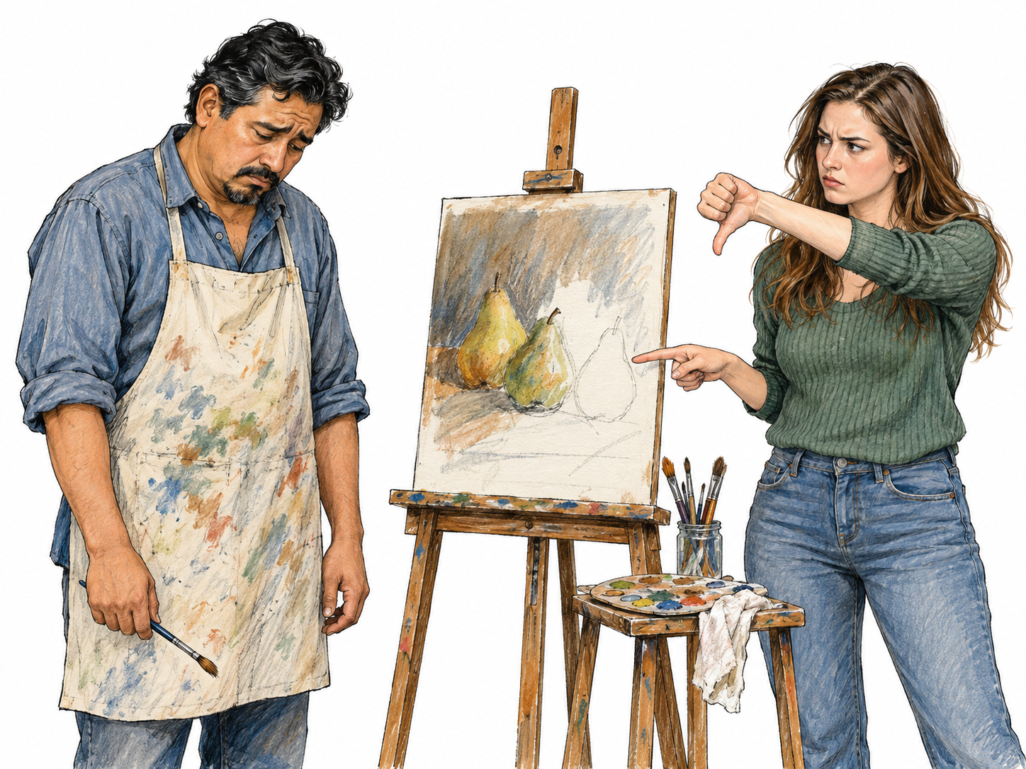 A painter falters under a visitor’s openly dismissive reaction: she points at his unfinished painting with a thumbs-down gesture while he lowers his brush, shoulders slumped and gaze downcast.