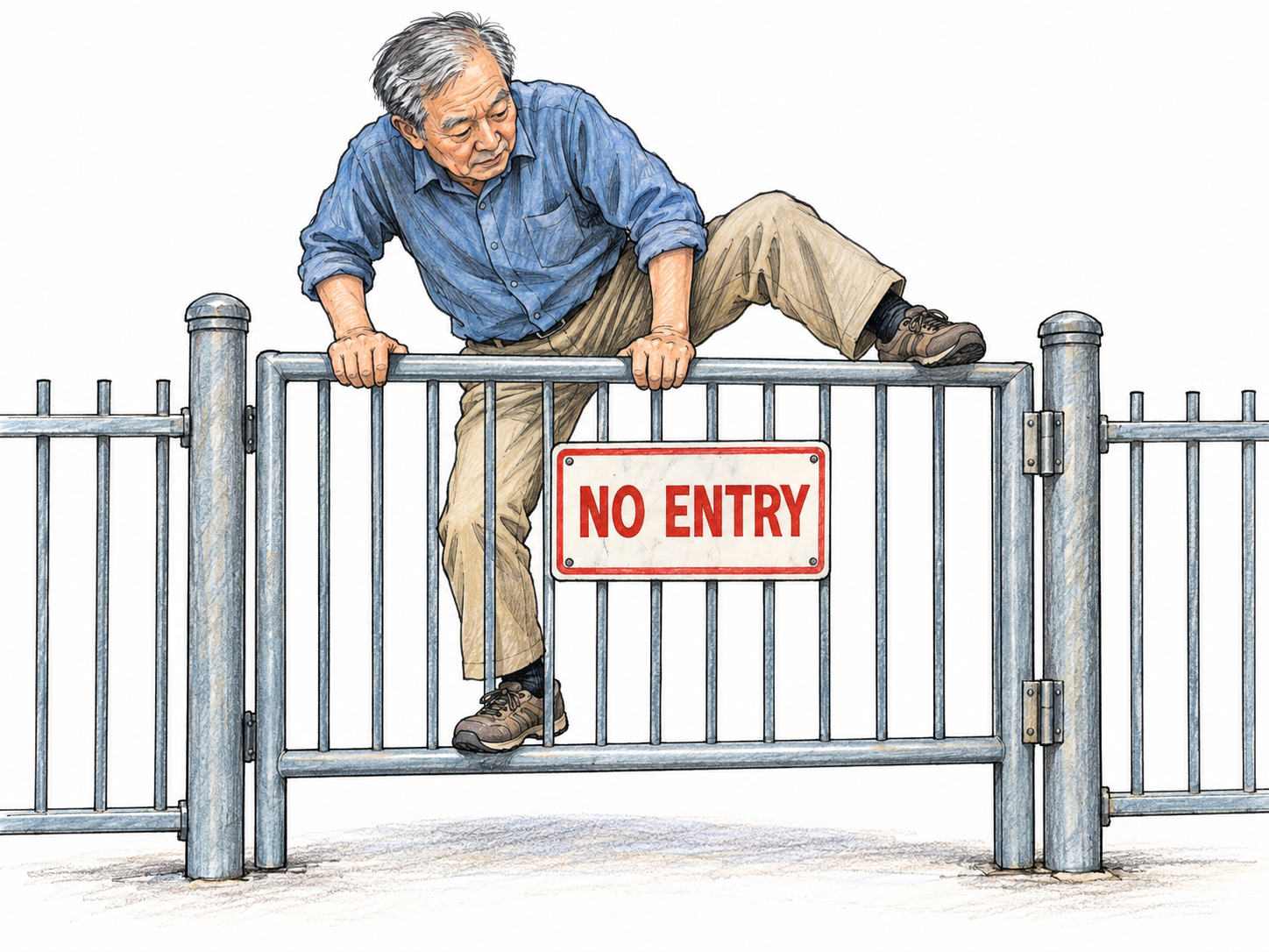 An adult deliberately climbs over a closed pedestrian gate beside a clearly readable NO ENTRY sign.