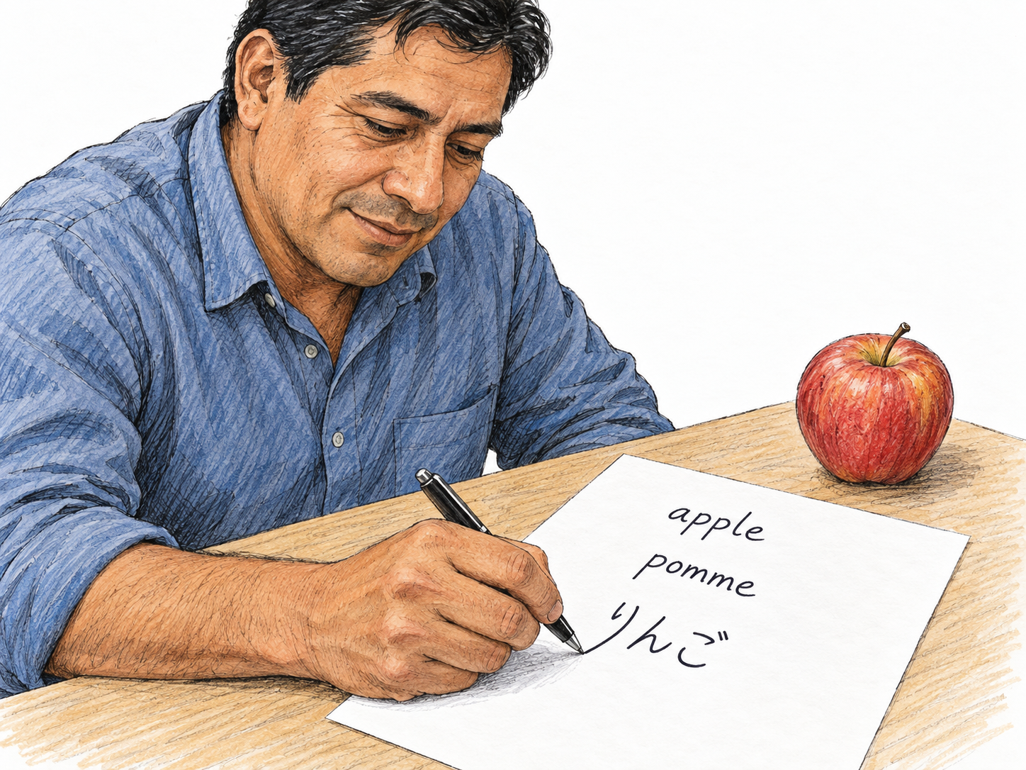 Show active use of three languages through a concrete handwritten vocabulary exercise: one man supplies the English, French and Japanese names for the same apple.