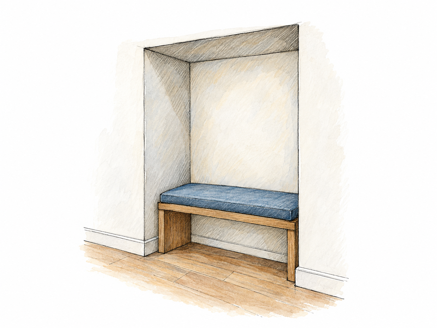 An oblique view of a small alcove recessed into an otherwise straight interior wall, with a simple fitted bench inside.