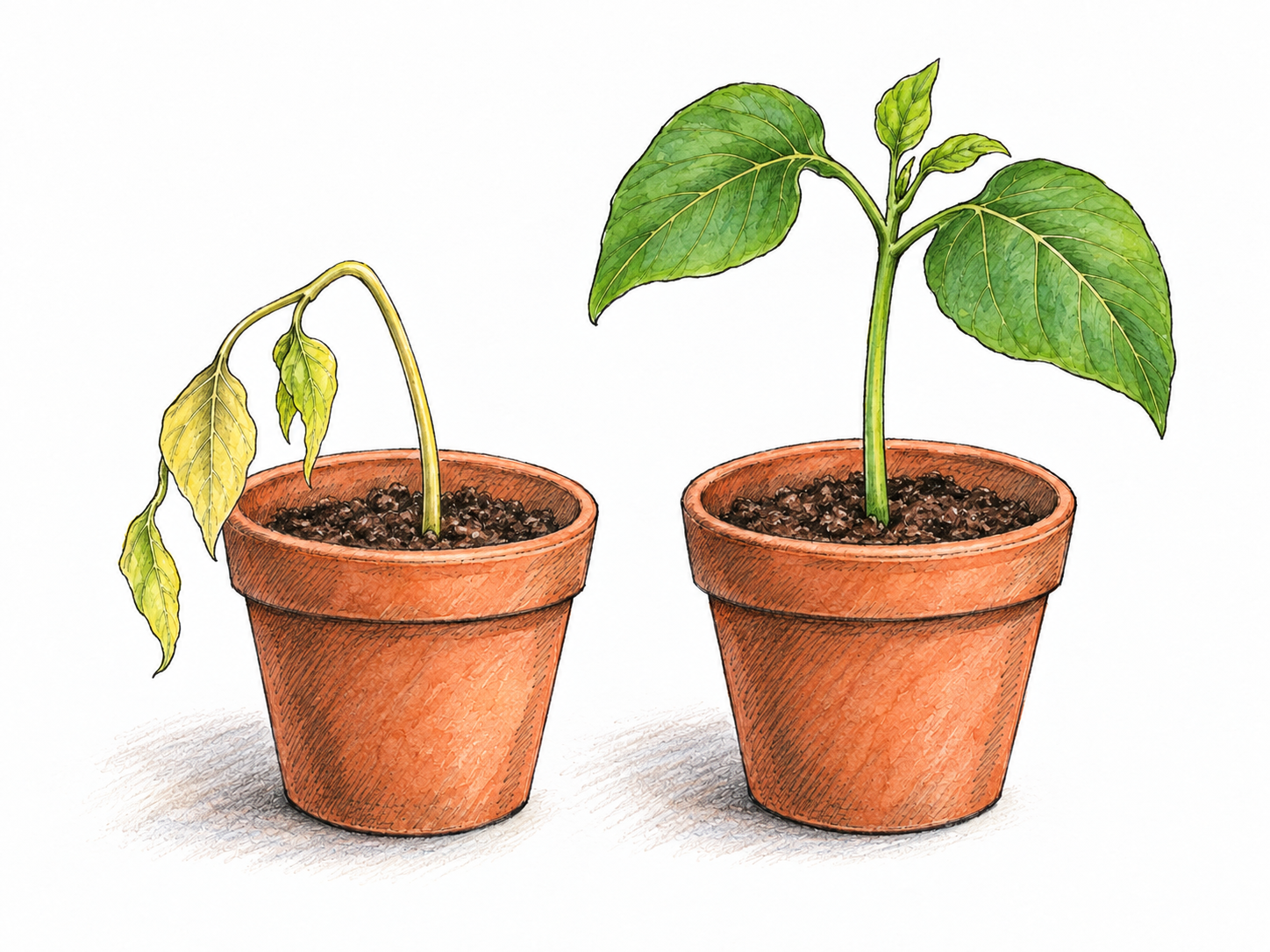 A pale drooping seedling stands beside a vigorous green one.