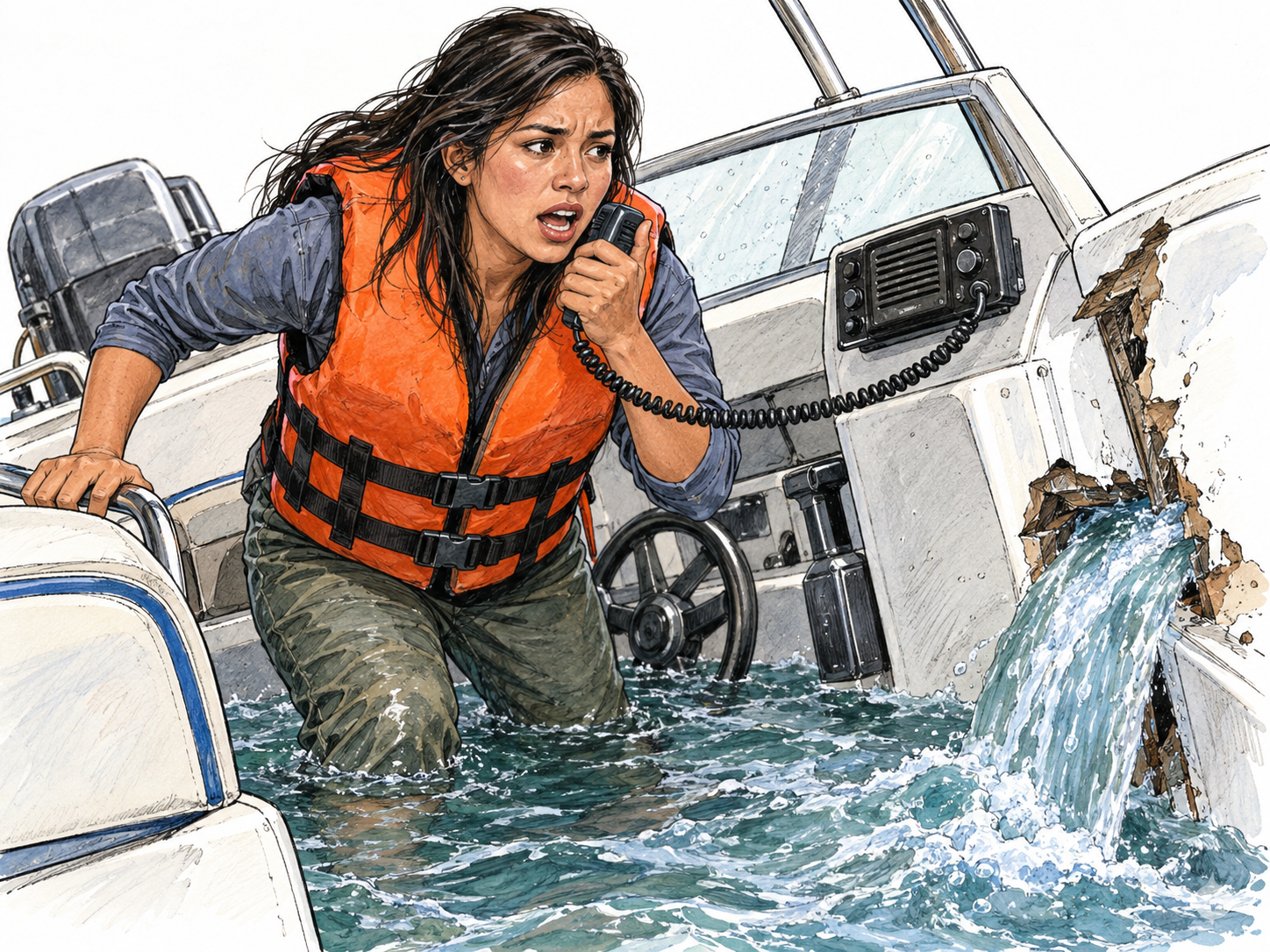 A woman aboard a sinking small boat urgently transmits through a marine radio microphone, making the connection between immediate danger and a radio distress call visible.