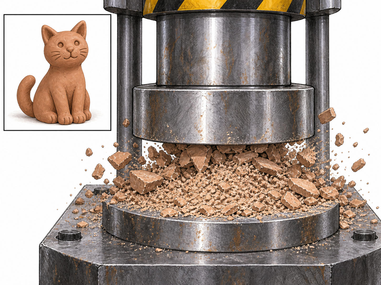 An industrial press completely crushes a simple clay model into dust and tiny fragments, with the intact model shown in a small before inset; no people or weapons.