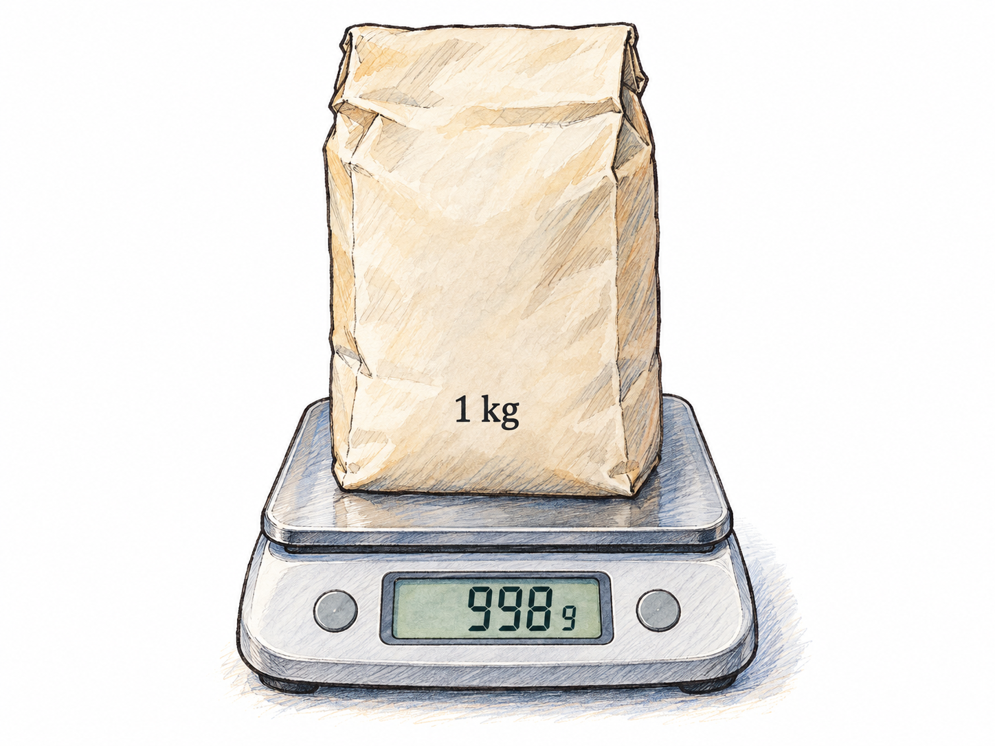 A flour bag marked 1 kg sits on a digital kitchen scale reading 998 g: its stated weight is close to the measured value, but not exact.