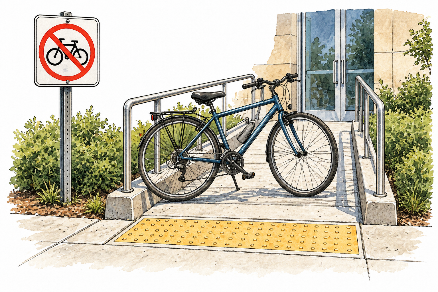 Bicycle deliberately parked across a clearly marked access ramp despite crossed-out bicycle pictogram, violation clear, no words.