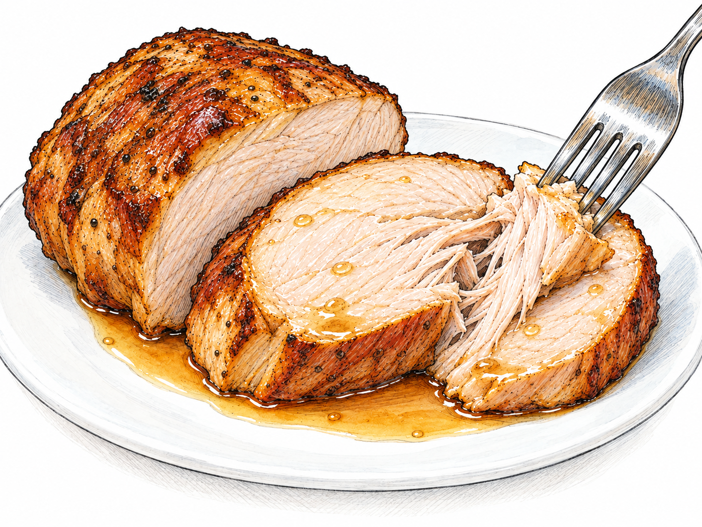 Close-up of tender roast meat on a plain plate, with a fork gently pulling a bite apart to expose moist fibers and clear amber juices pooling beneath the cut slices.