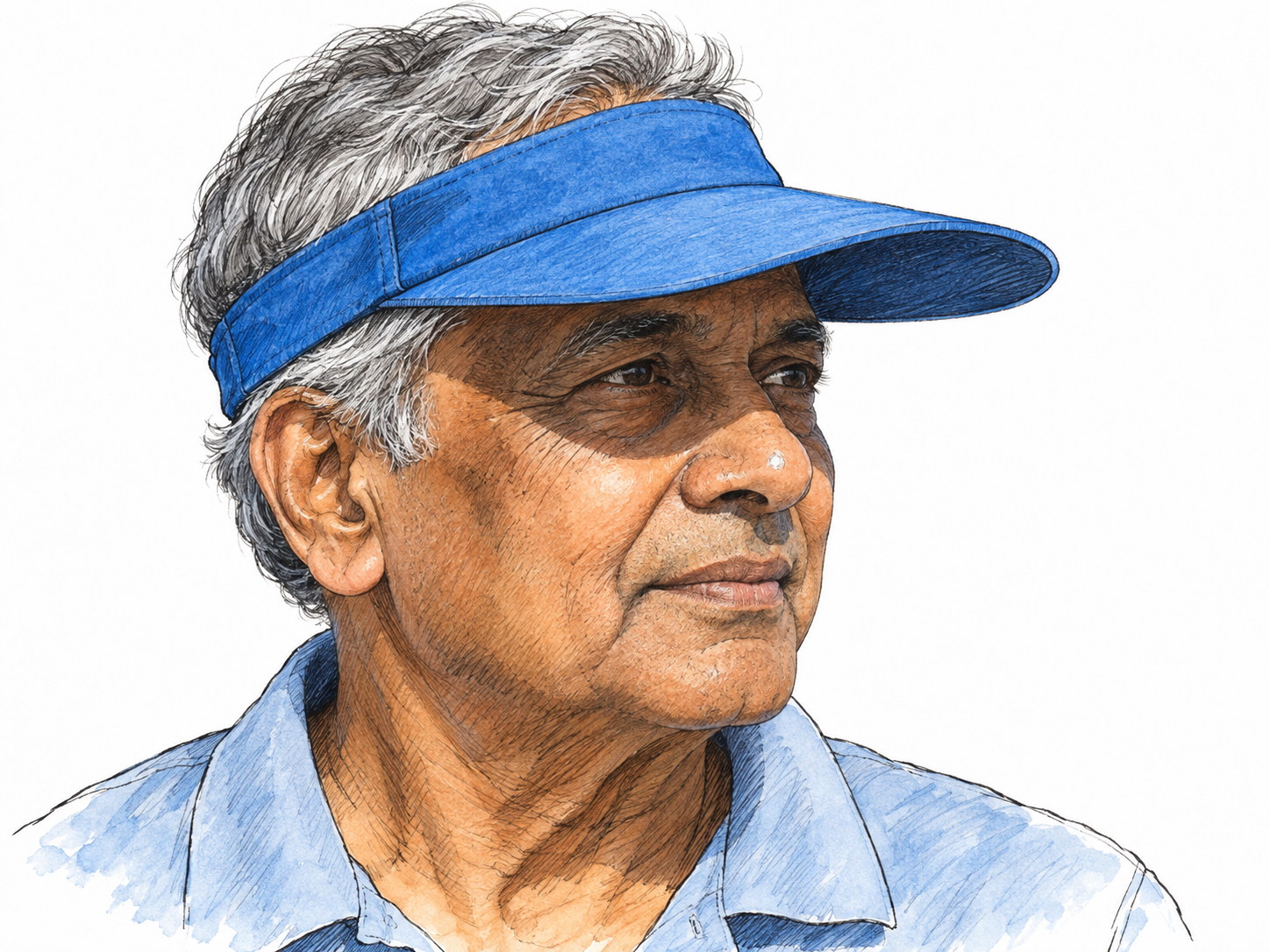Close three-quarter profile of an older man wearing an open-crown sun visor, its projecting brim casting a clear shadow across his eyes while sunlight illuminates his cheek and nose.