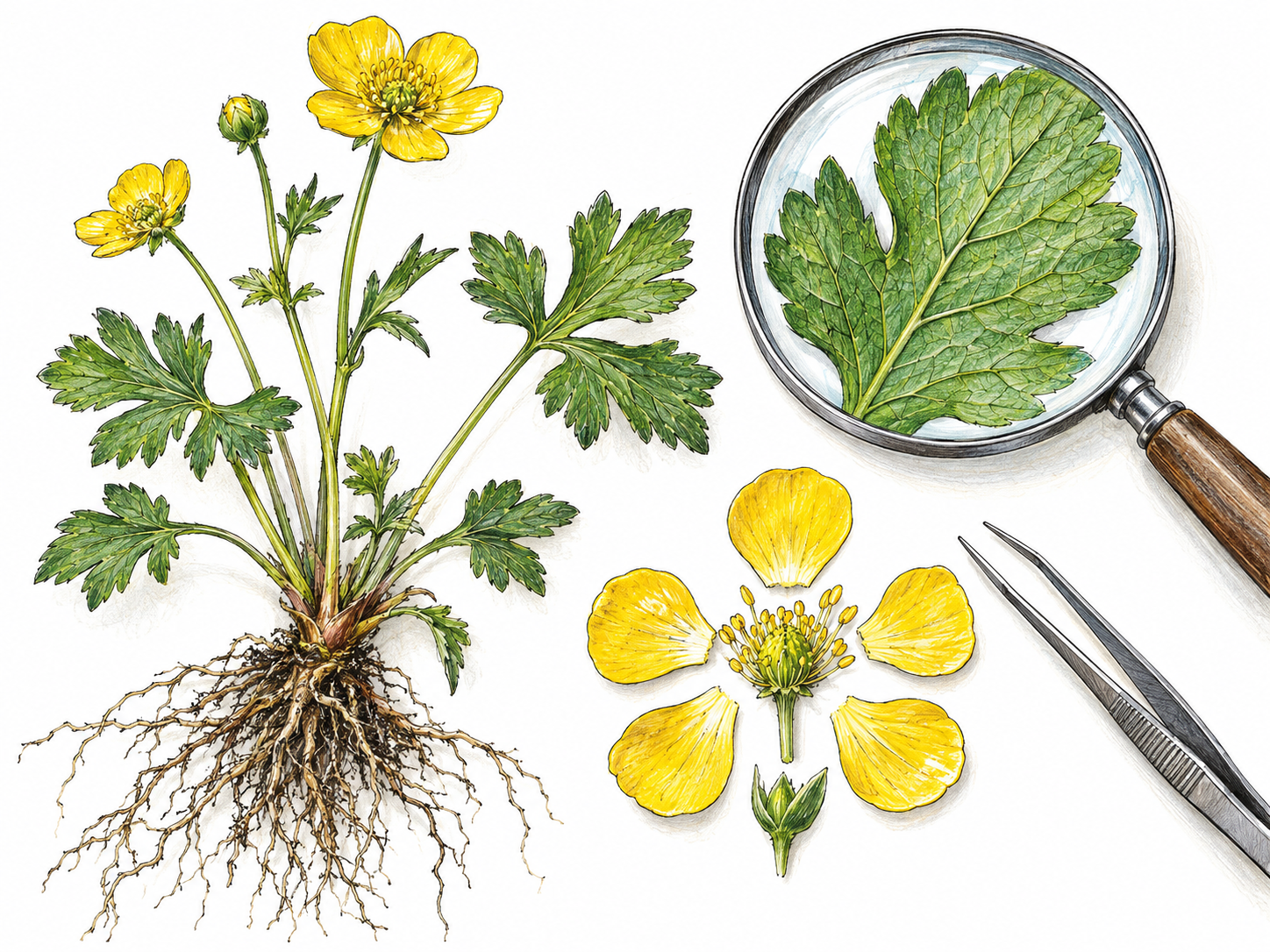 A compact plant-science still life: a flowering specimen with exposed roots, a magnifying lens enlarging a leaf's veins, and a dissected flower arranged beside it.