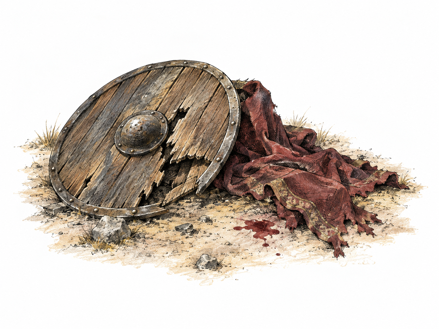 Aftermath of violence shown by abandoned cracked wooden shield and torn cloak with a small restrained dark-red blood stain on dusty ground; no bodies, wounds or weapons in use.