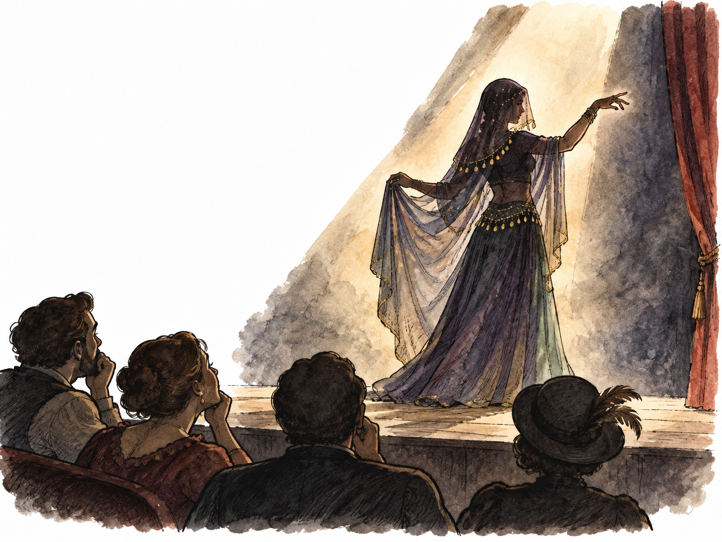 A distant veiled performer stands in theatrical shadow while an intrigued audience watches, appealing mystery rather than menace.