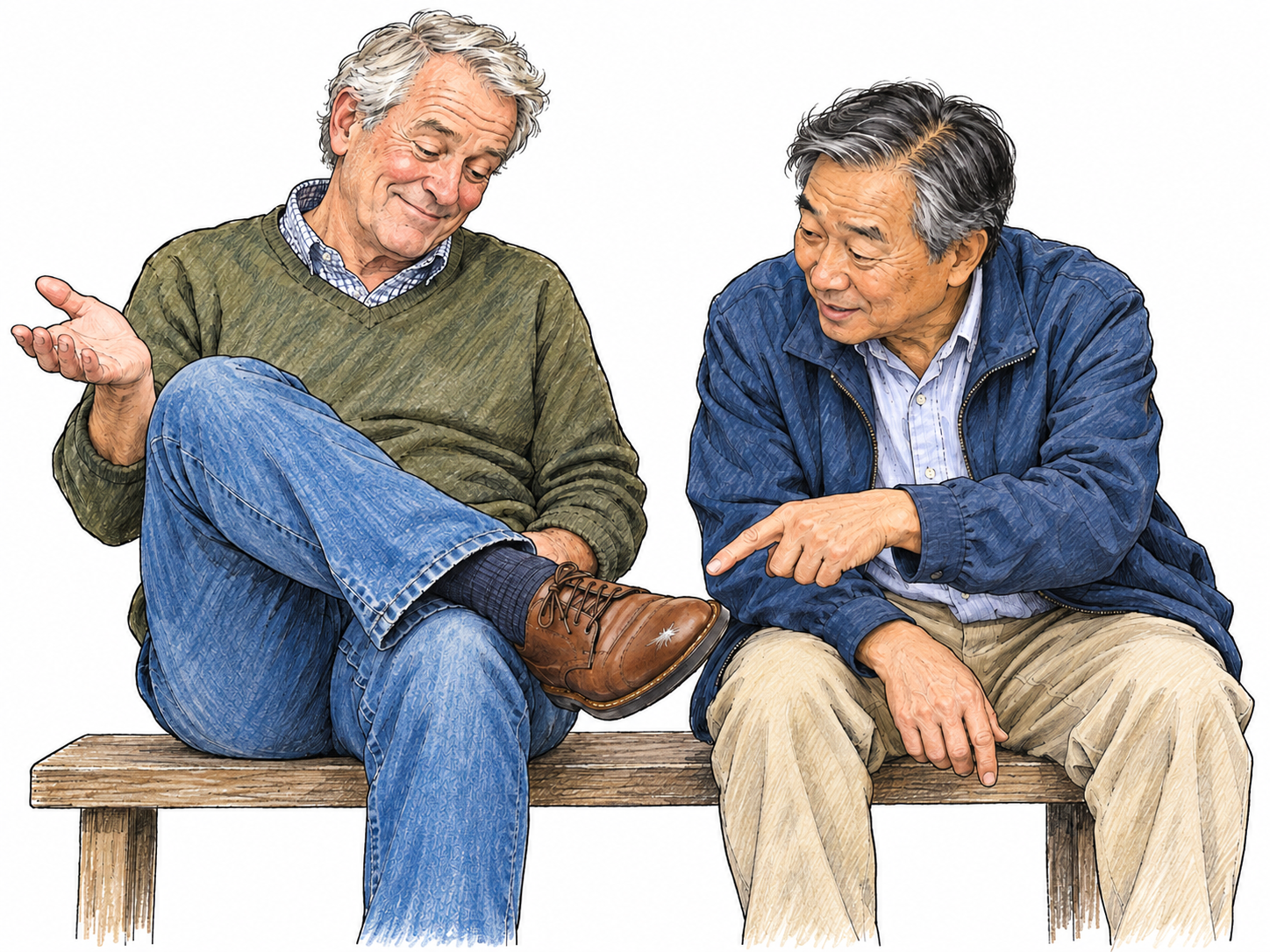A man dismisses a tiny cosmetic scuff on his otherwise sound shoe with a relaxed shrug while his companion points it out.