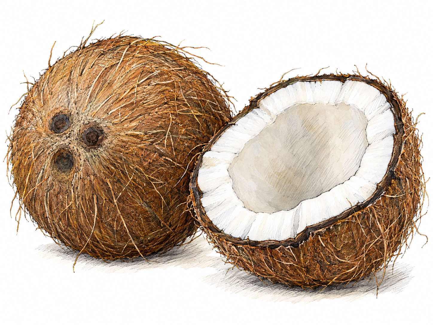 A whole brown coconut beside a split coconut half, clearly showing the fibrous shell, thick white flesh, and hollow center.