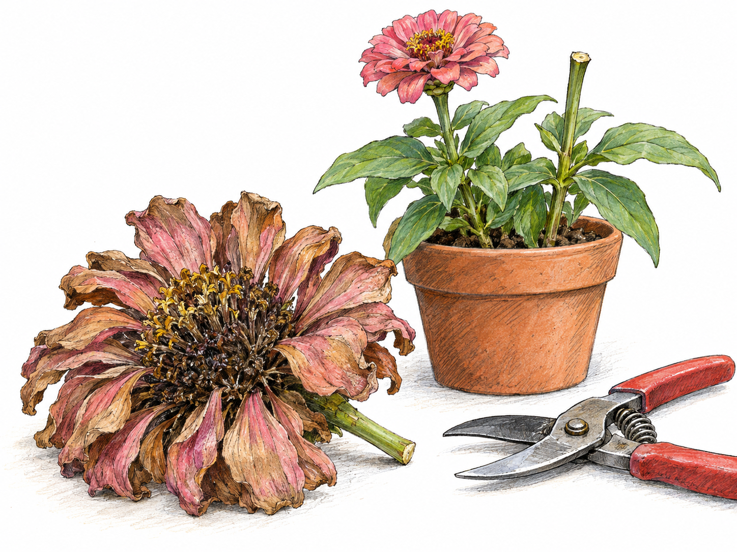 A freshly clipped, faded flower head lies prominently beside a flowering plant, with its short cut stem visible.