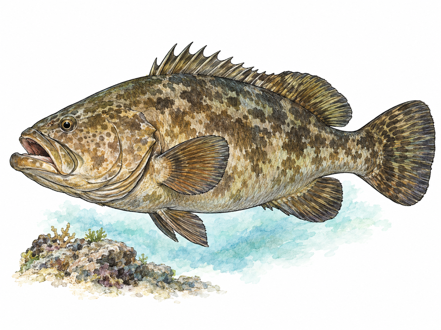 A single large grouper in clear side view, emphasizing its deep, heavy body, broad head, thick lips, large mouth and continuous spiny dorsal fin.
