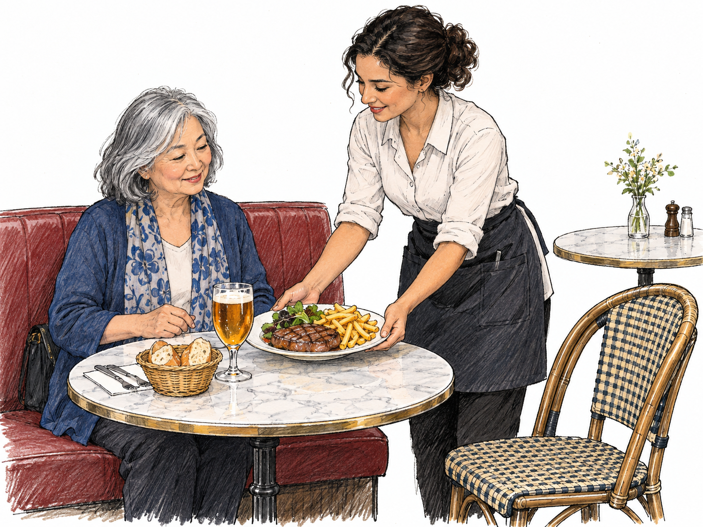 A compact French-style casual restaurant vignette: a casually dressed older diner receives steak and fries at a small marble-topped table, with woven café chairs, a burgundy banquette and a glass of beer establishing the brasserie setting.