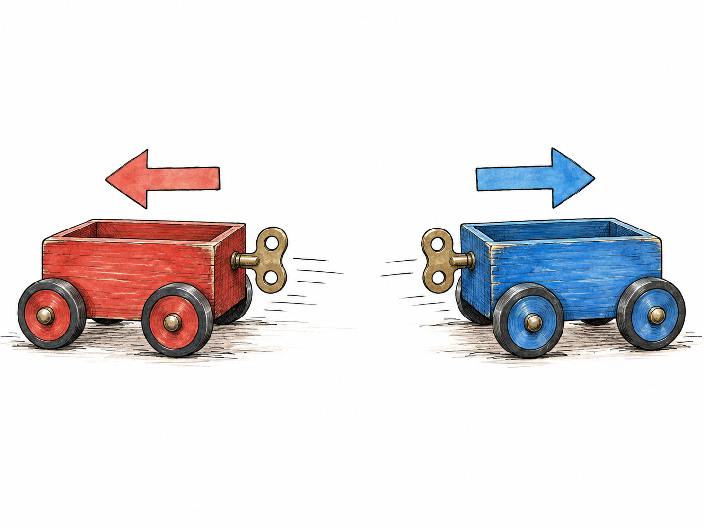 Two simple wind-up toy carts travel in opposite directions, with one clear arrow over each; opposite way rather than collision.