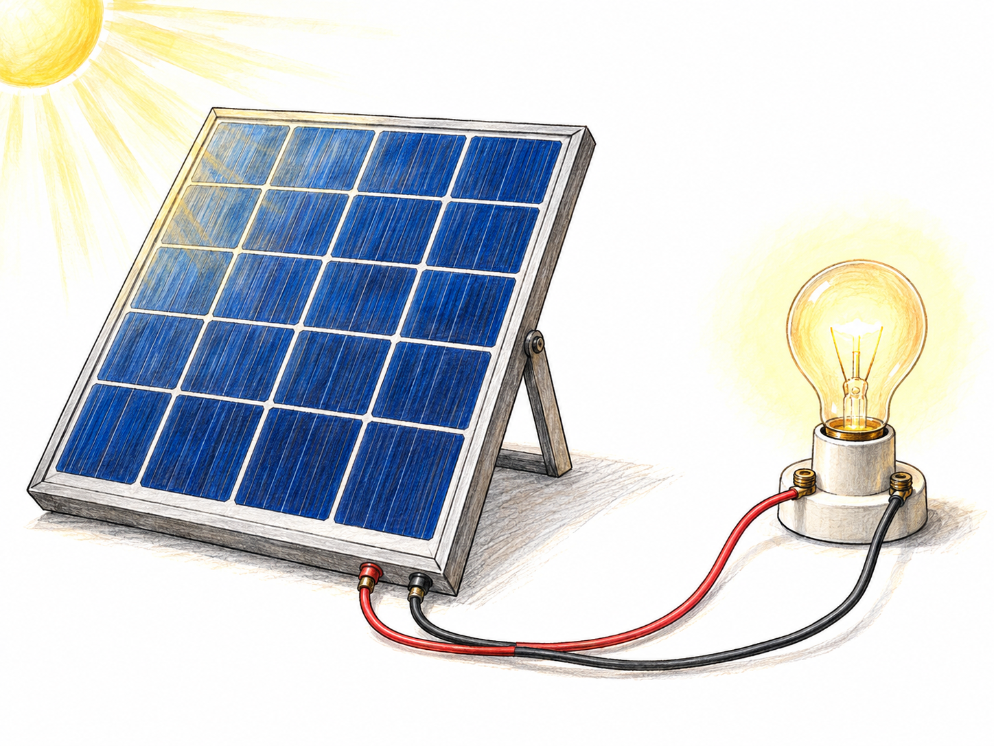 A small photovoltaic panel receives sunlight and powers a visibly glowing bulb through a clearly connected pair of wires, showing conversion of light energy into electrical energy.