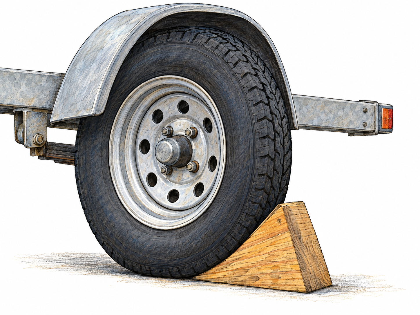 Close-up of a wooden wedge snugly bracing a parked trailer wheel, with its sloping face pressed against the tire and its flat base resting on the ground.