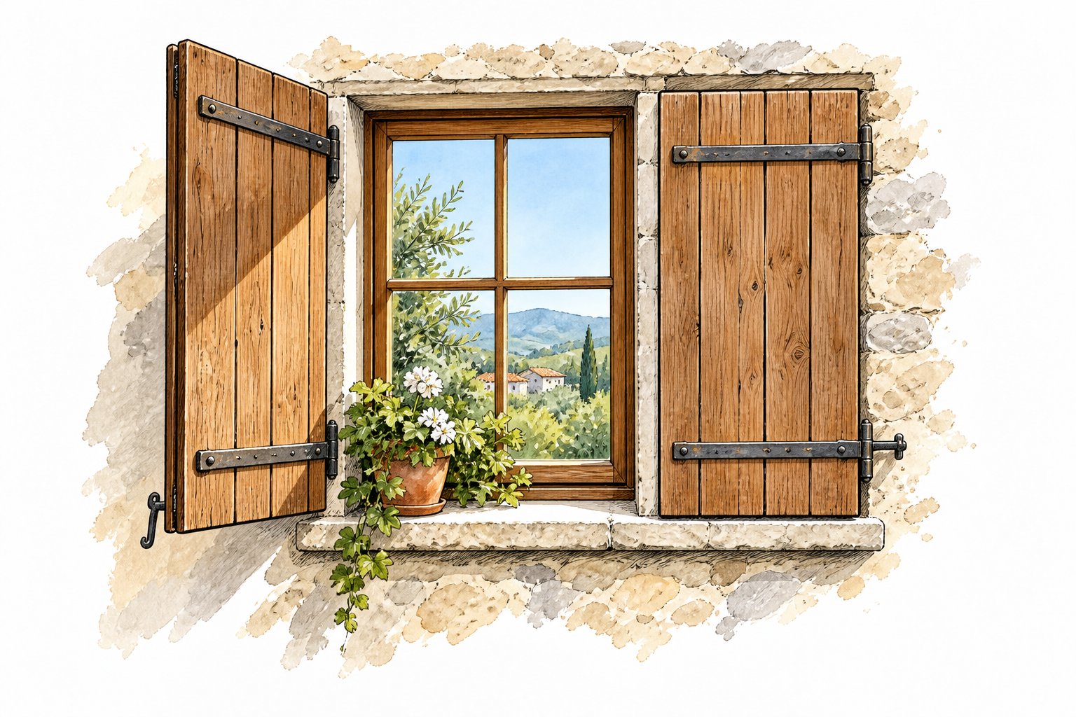 A window with one wooden shutter open and another closed, clear movable covers.