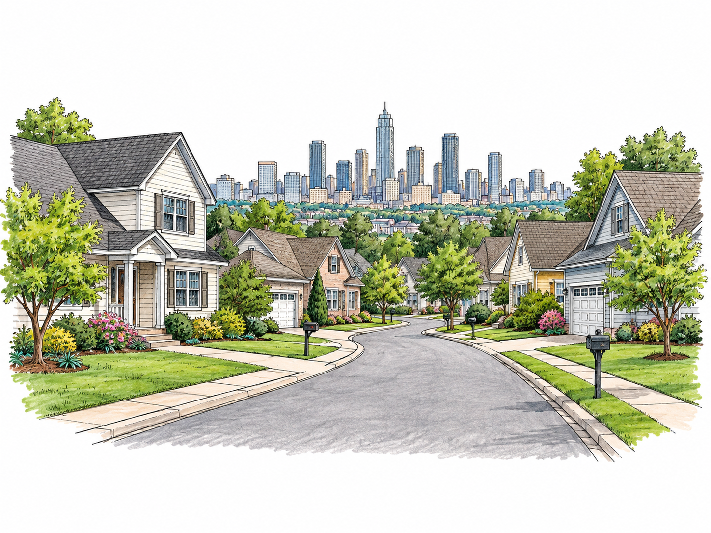 Detached homes with small gardens line a short residential street beyond a distant compact city skyline; clear suburban position and white margins.