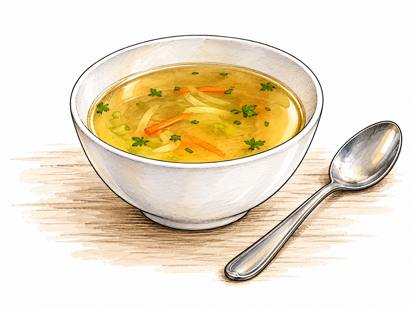 A plain white bowl of clear golden broth with a few fine vegetable pieces and a spoon on a simple table, transparent broth central rather than thick soup.