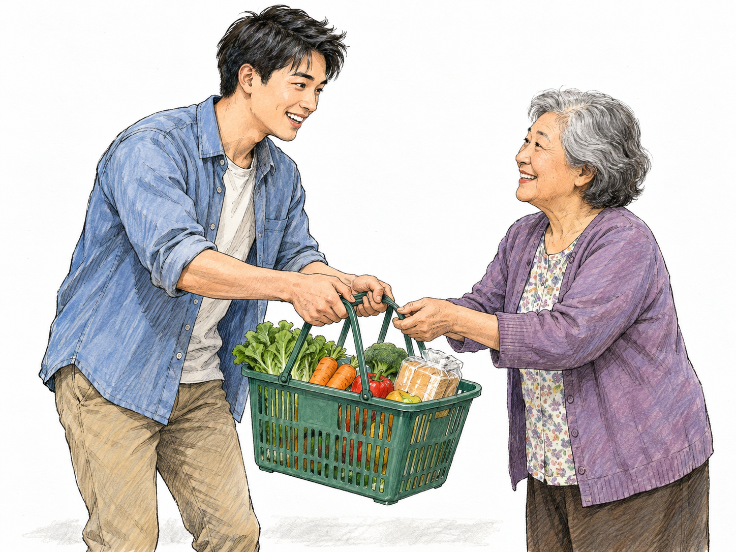 A smiling young man eagerly takes a heavy shopping basket from an older woman, conveying that he helps gladly rather than reluctantly.