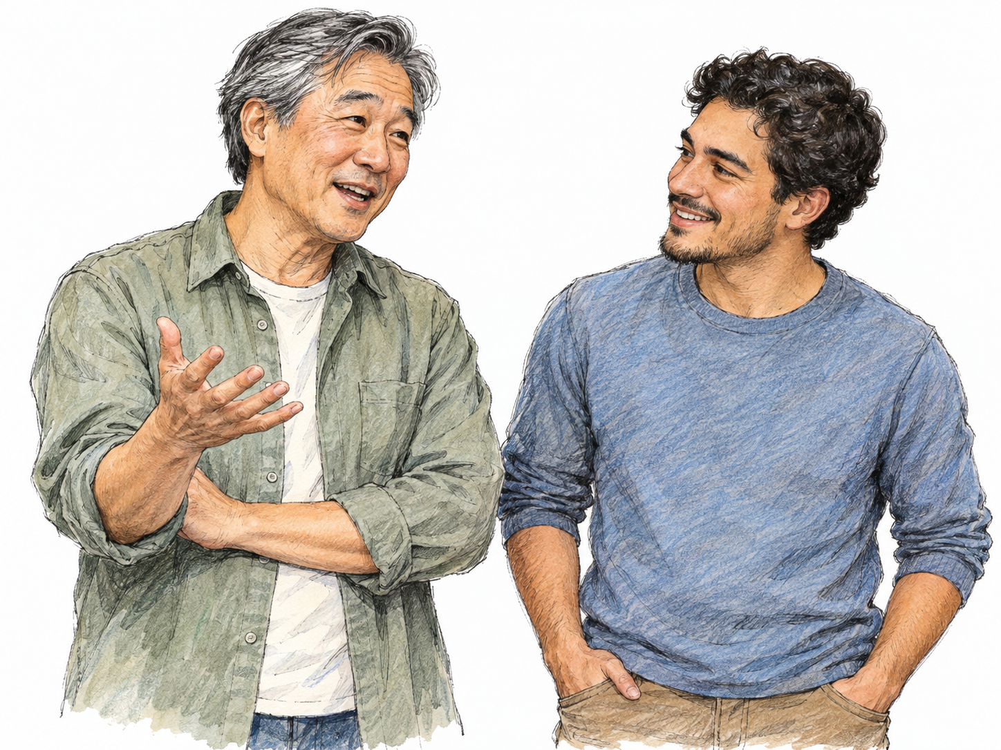 An older man exudes relaxed confidence and personal charm while telling an animated story to an amused younger companion.