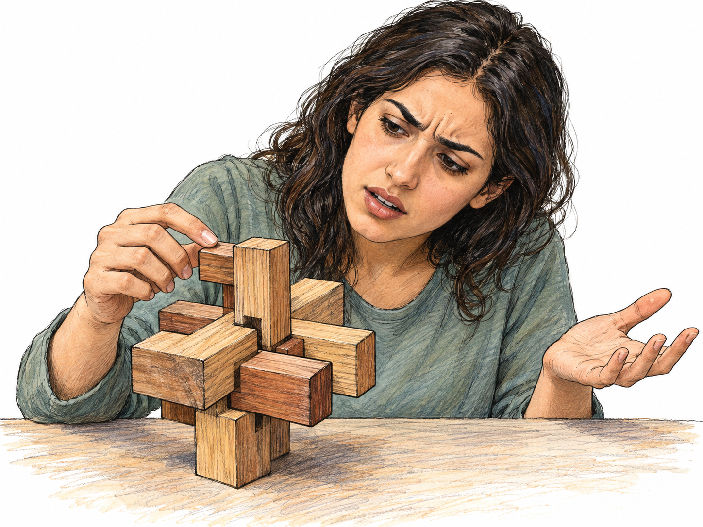 An apparently impossible interlocking wooden puzzle baffles a young woman: she scrutinizes its trapped central piece with knitted brows and a tilted head, one hand paused above it and the other turned palm-up in bewilderment.