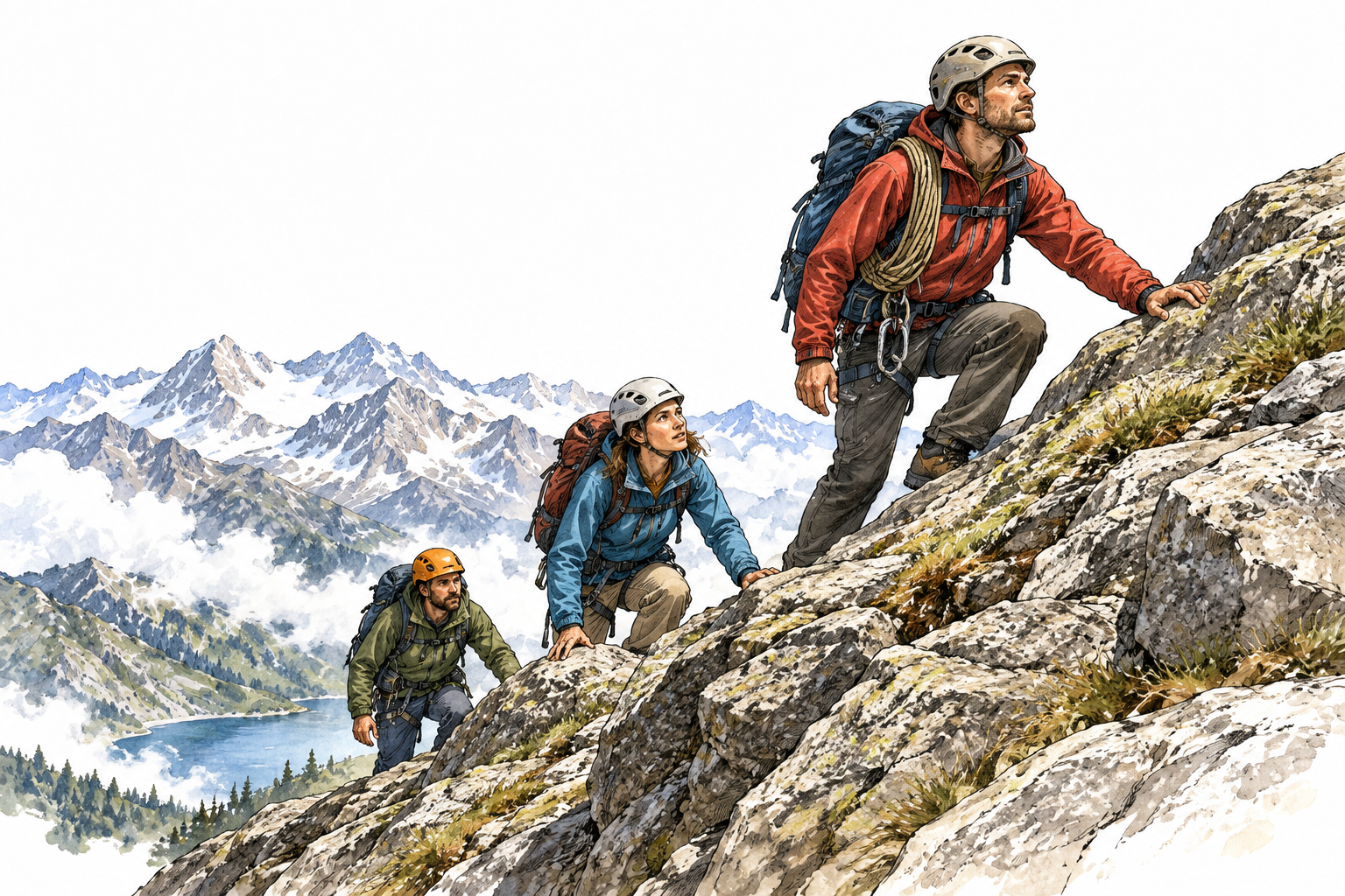 A lead mountain climber stands most advanced at the front of an ascending group, prominent and foremost.