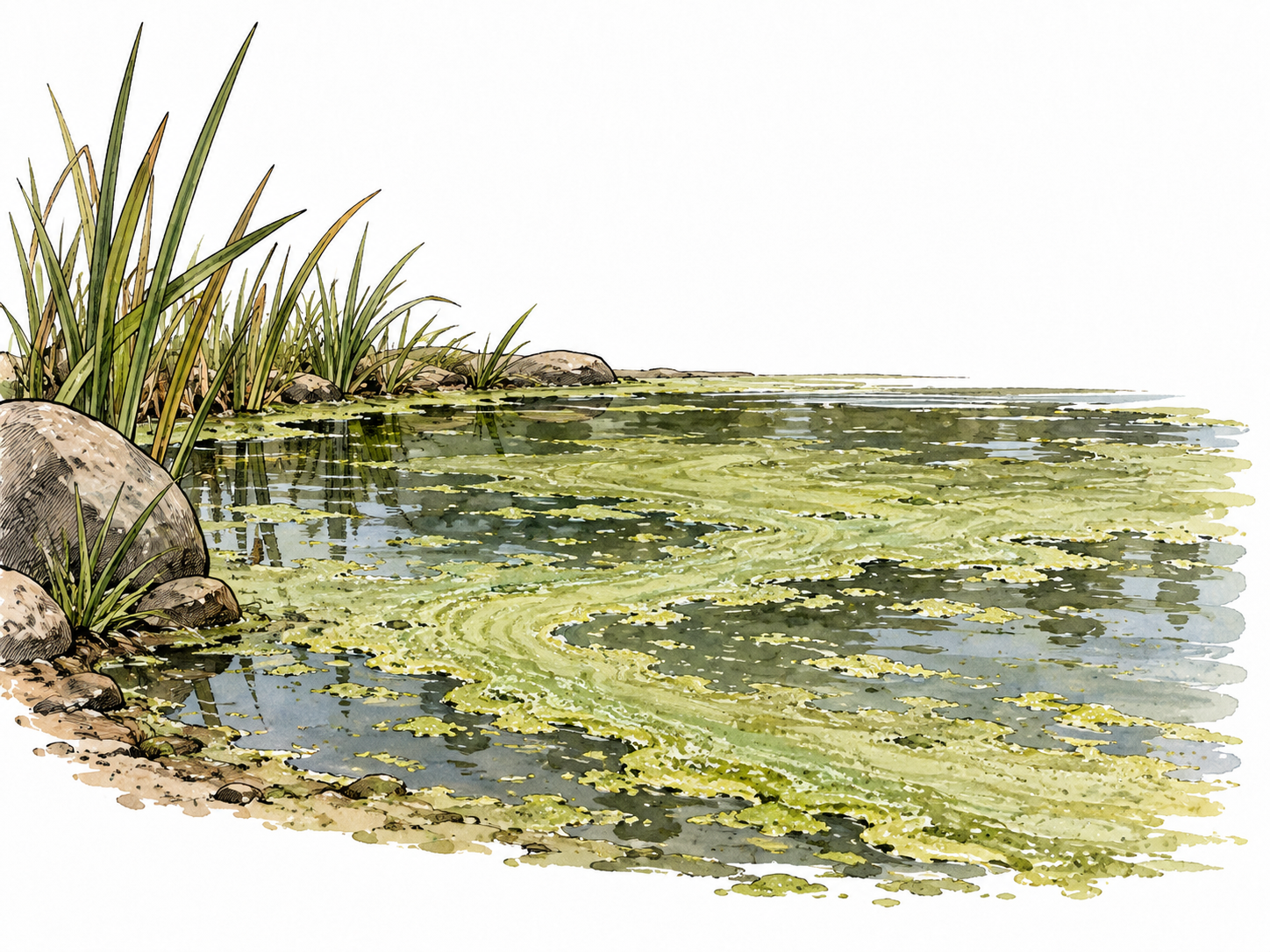 A dirty thin greenish film floats on stagnant pond water.