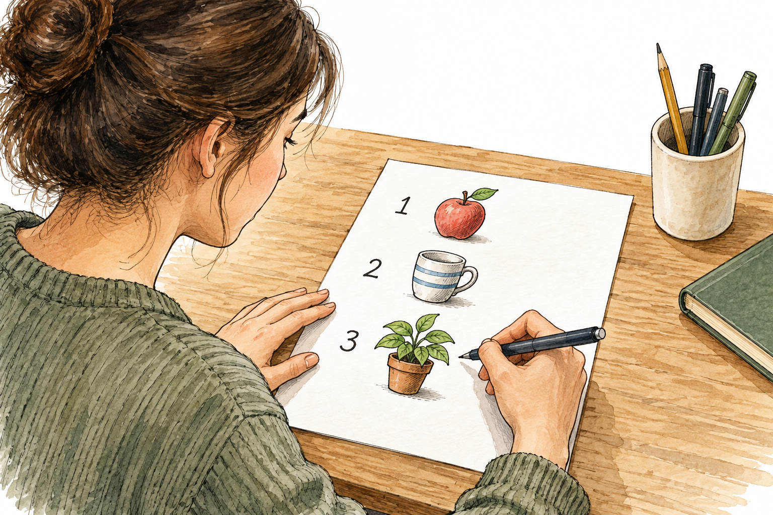 A person carefully listing three objects one by one on plain paper, only numerals1,2,3 beside small sketches of those three objects, no written words.