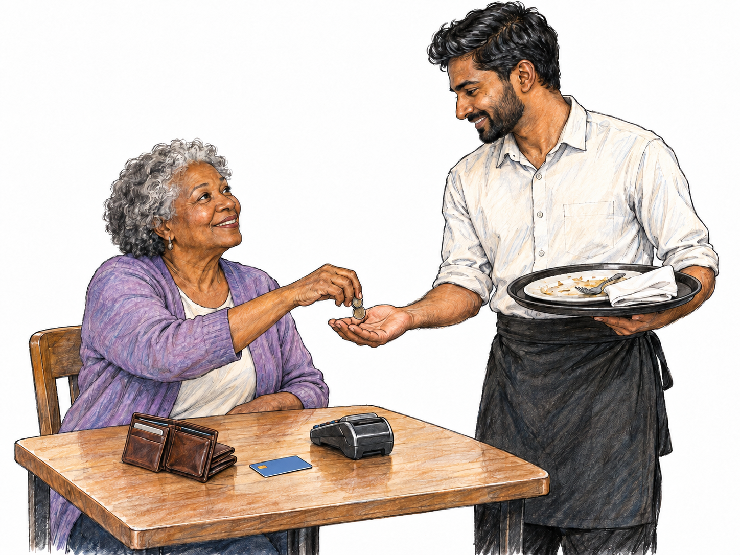 After a restaurant meal, a customer gives a waiter a few coins while he clears her dishes; her returned bank card and payment terminal sit separately on the table, distinguishing the small cash gratuity from the meal payment.