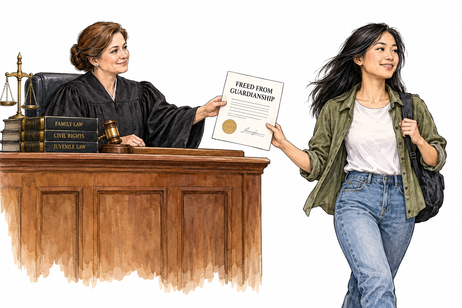 Asian young adult receives emancipation order from female judge and walks out independently; readable paper FREED FROM GUARDIANSHIP.