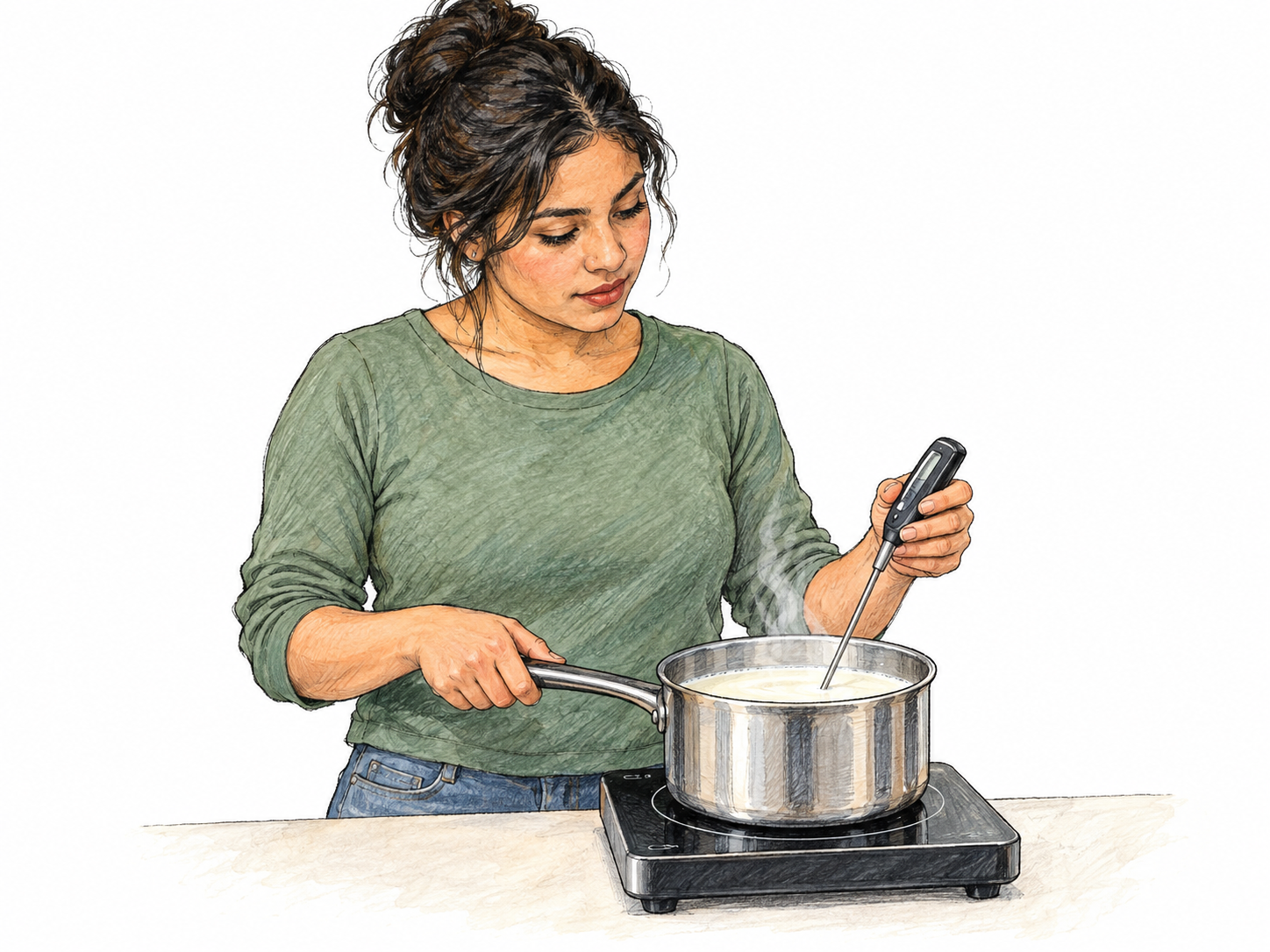 A young adult Latina woman carefully heats milk in a saucepan on a compact induction burner, checking the temperature with a probe thermometer.