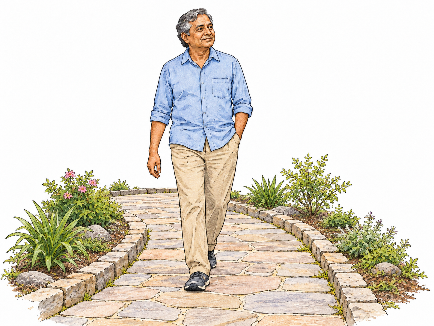 An adult strolls at an easy unhurried pace beside a short garden path, relaxed posture and no urgency.