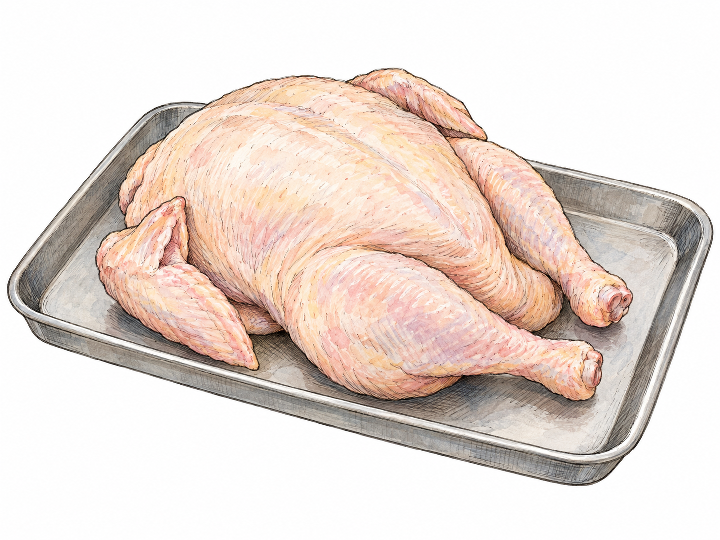 A whole raw, plucked chicken on a plain food-preparation tray, with its recognizable wings, breast and drumsticks clearly showing a bird prepared for food.