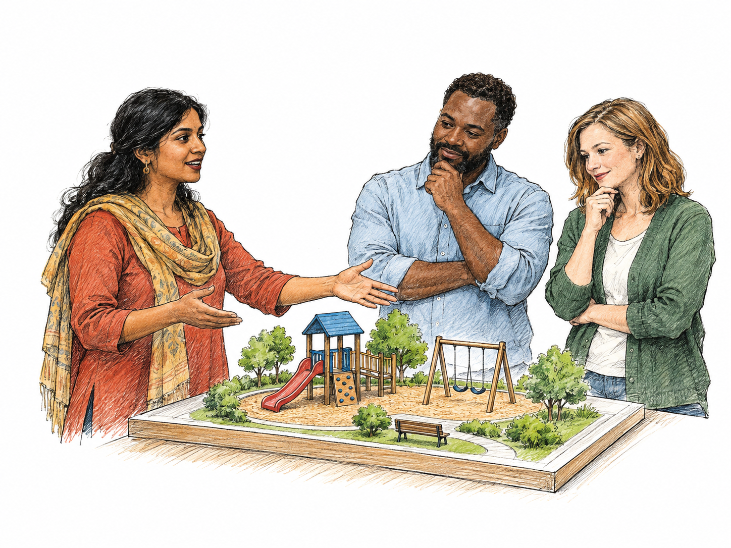 Community advocate confidently gestures toward proposed small playground model while two listeners consider it, active support of plan clear, no placards or words.