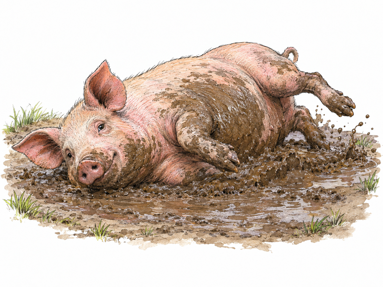 A pig rolling onto its side in a shallow muddy hollow, with its legs lifted and wet mud smeared along its flank.