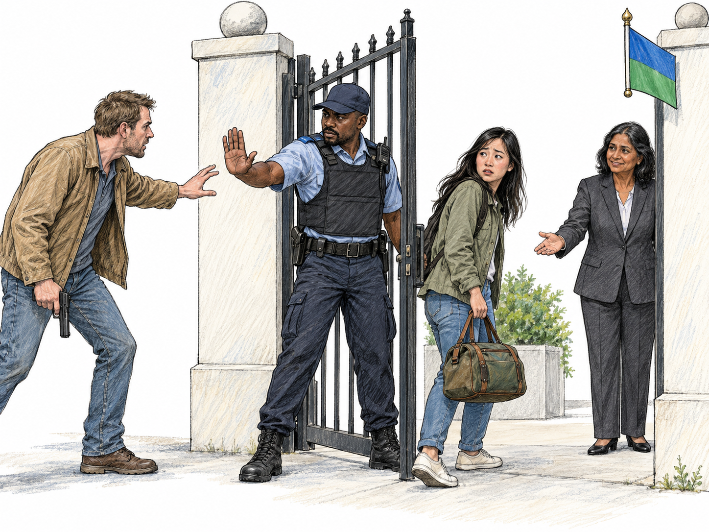 An official admits a fleeing woman into a protected diplomatic compound while a guard expressly prevents her armed pursuer from following.
