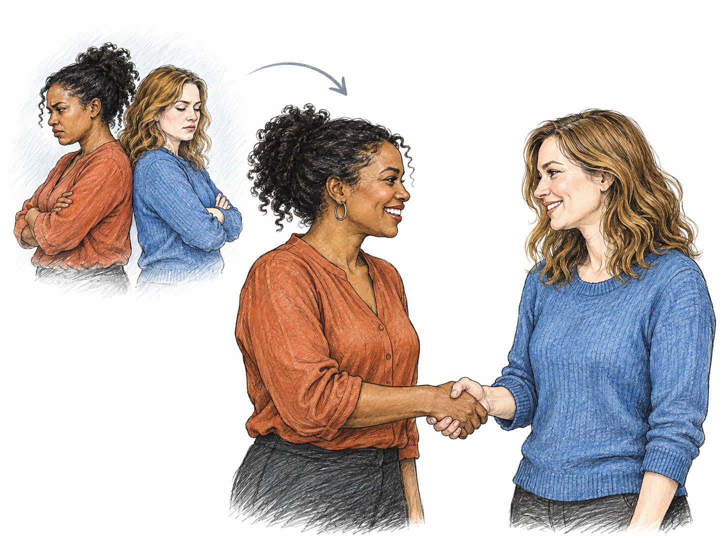 Two adult friends who had turned away from one another now make a warm handshake; a small faint earlier vignette shows the same pair with crossed arms back to back, clear return to friendly relations.
