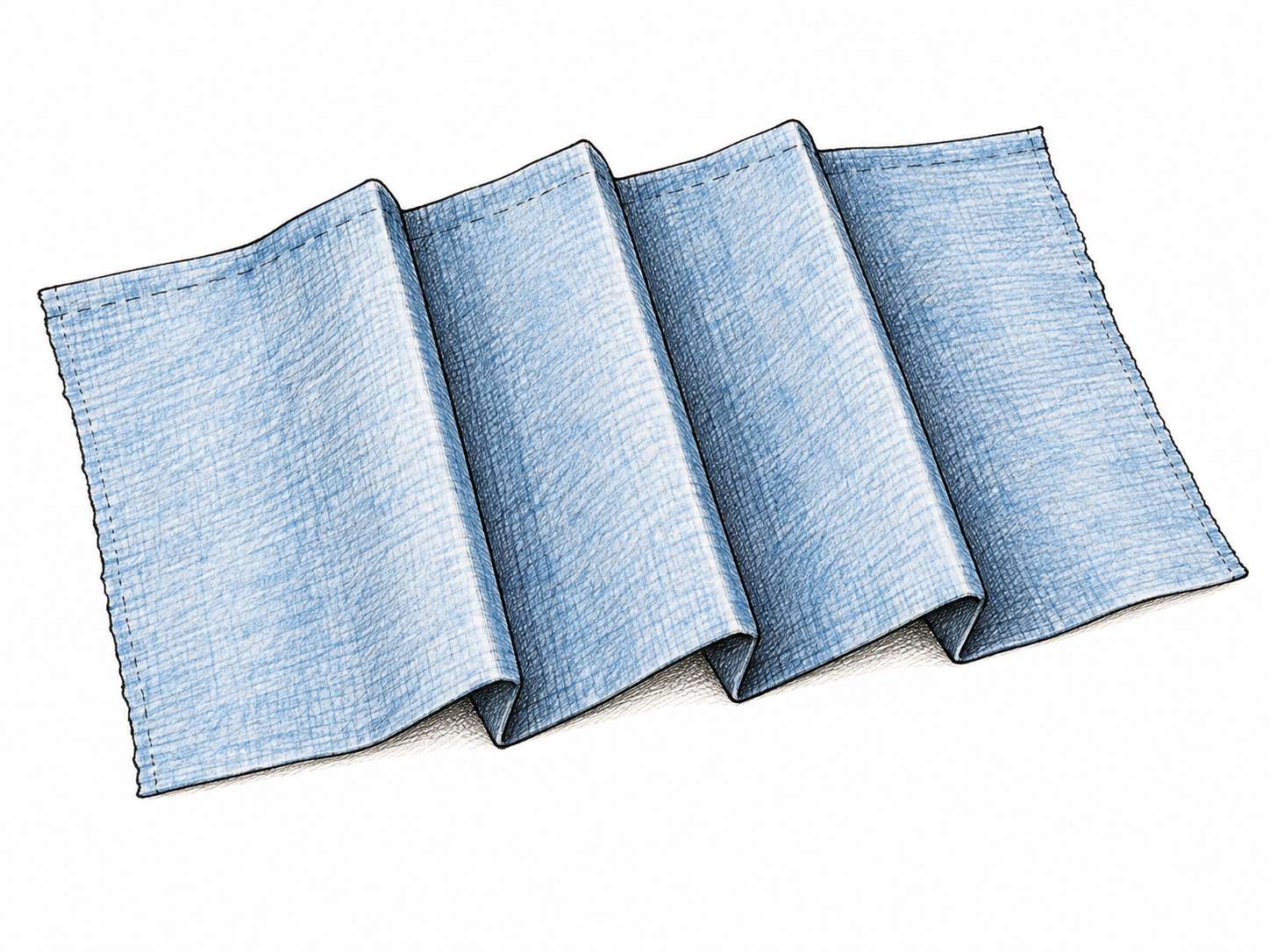 A strip of fabric has three neat pressed accordion folds, showing pleats rather than a braid or loose wrinkle; ink fold edges on white.