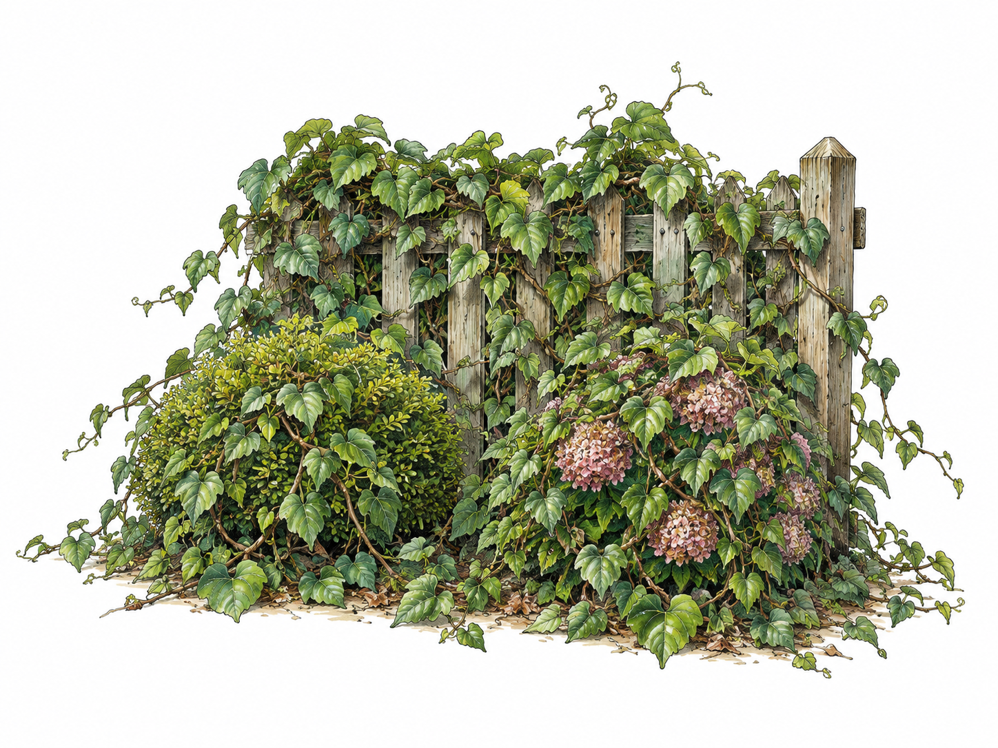 Unchecked invasive vines spread over a modest garden fence and smother two cultivated shrubs, tangled growth overrunning the bounded garden patch.